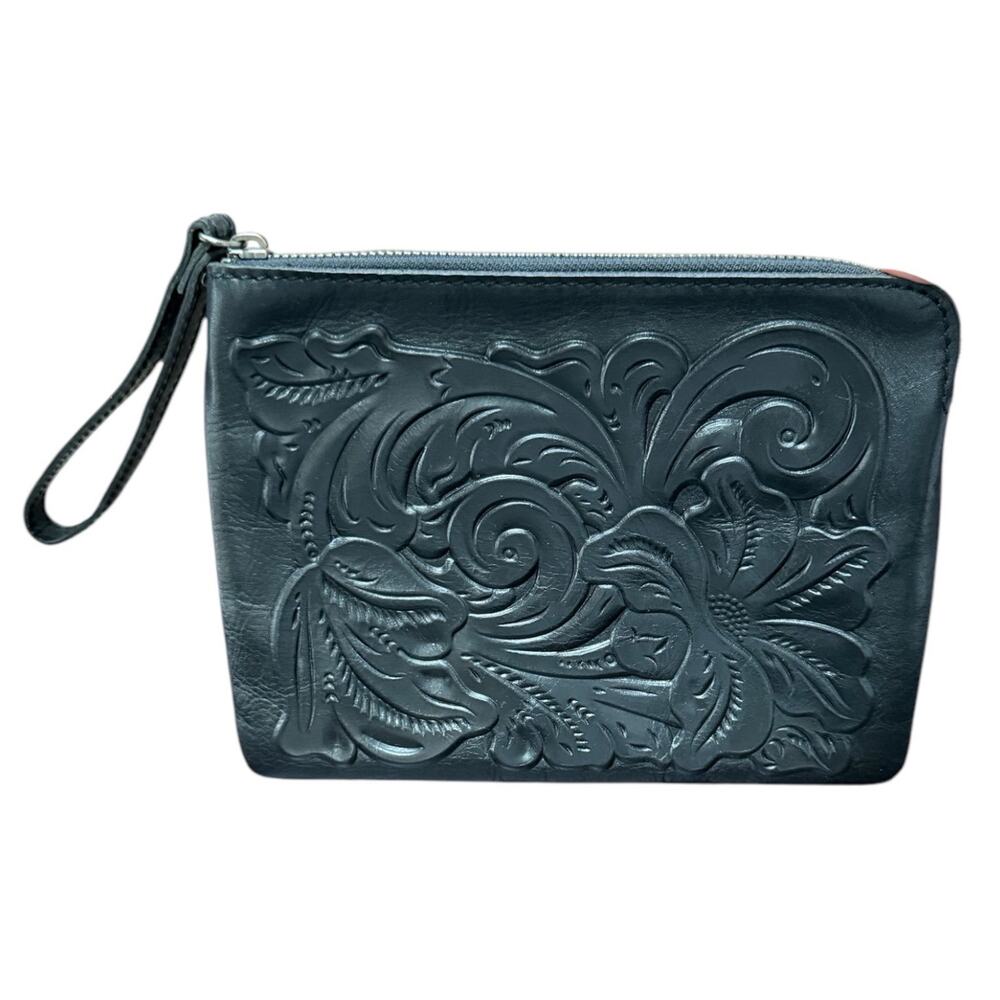 Patricia Nash Cassini Wristlet Tooled Leather Top‎ Zip Case Black Floral
